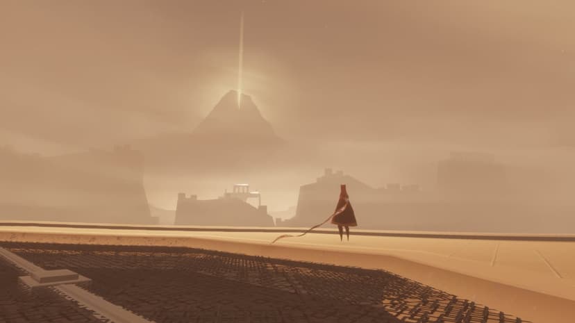 Cloaked traveler stands in a sepia desert looking at a glowing mountain peak through thick mist and soft light.