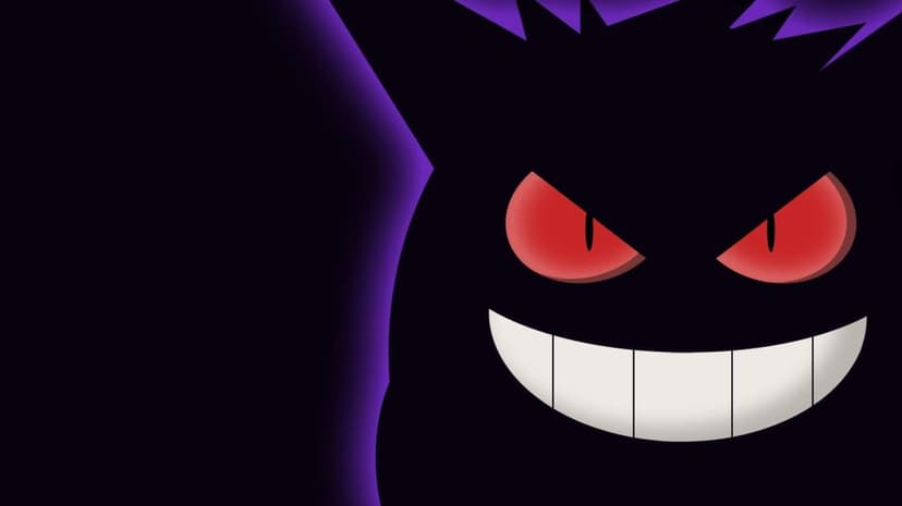 Gengar silhouette with glowing red eyes and a white grin against a dark background with purple backlighting.