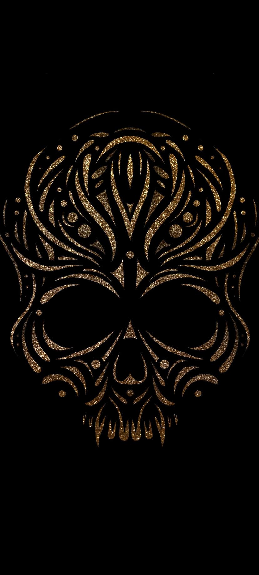 Ornate tribal skull rendered in shimmering gold glitter with intricate geometric patterns on a solid black background.