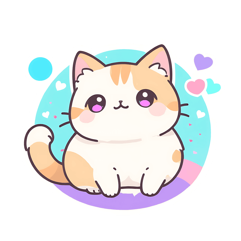 White kitten sticker with orange spots and purple eyes centered on a blue and pink gradient circle.