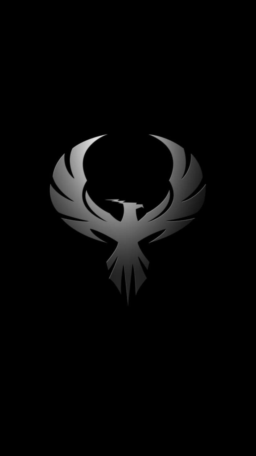 Stylized silver phoenix with outstretched wings centered on a solid black background for a phone display.