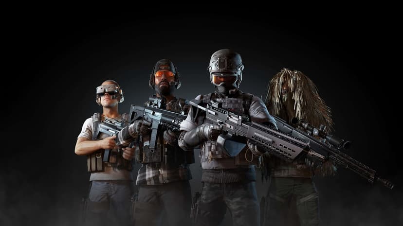 Four elite soldiers in diverse tactical gear posing with heavy weaponry against a dark, smoky backdrop.