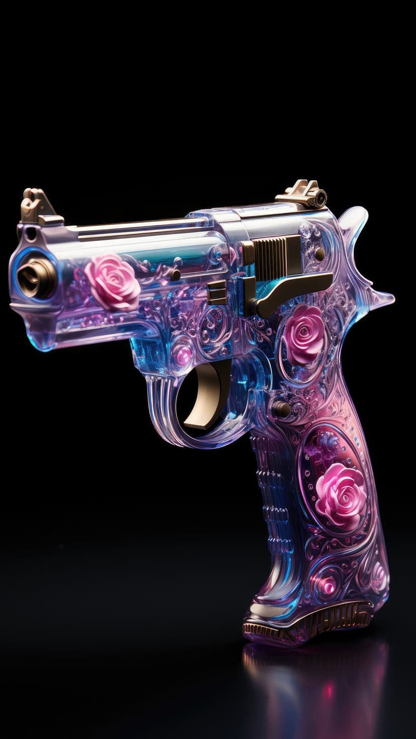 Ornate glass pistol with internal pink roses and golden metallic details over a deep black backdrop.