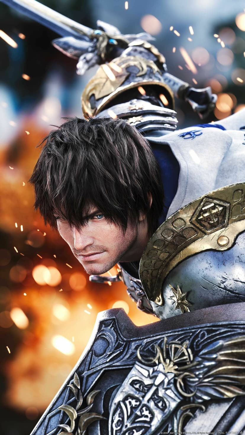 Warrior with blue eyes in ornate silver and gold armor wielding a sword and shield amidst glowing orange sparks.
