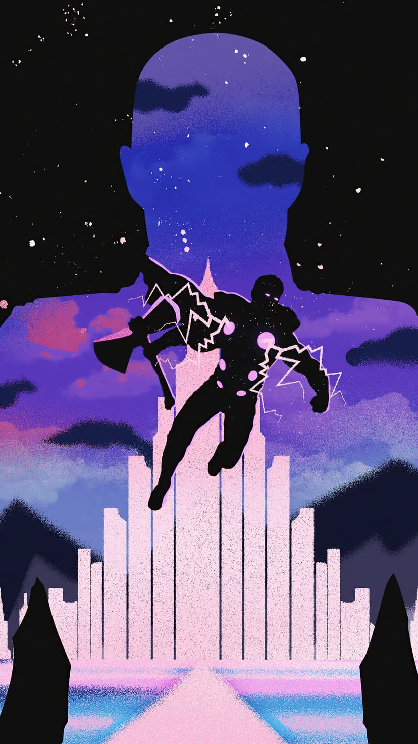 Thor wielding an axe above a glowing purple cityscape under stars and swirling pink nebula clouds in the sky.