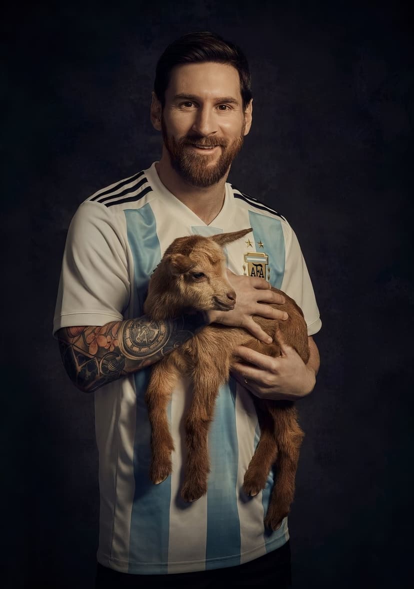 Lionel Messi cradles a brown baby goat while wearing a blue and white striped Argentina national football jersey.