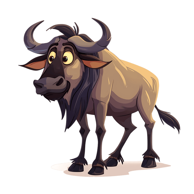 Cartoon wildebeest illustration featuring large grey horns and a friendly expression isolated on transparency.