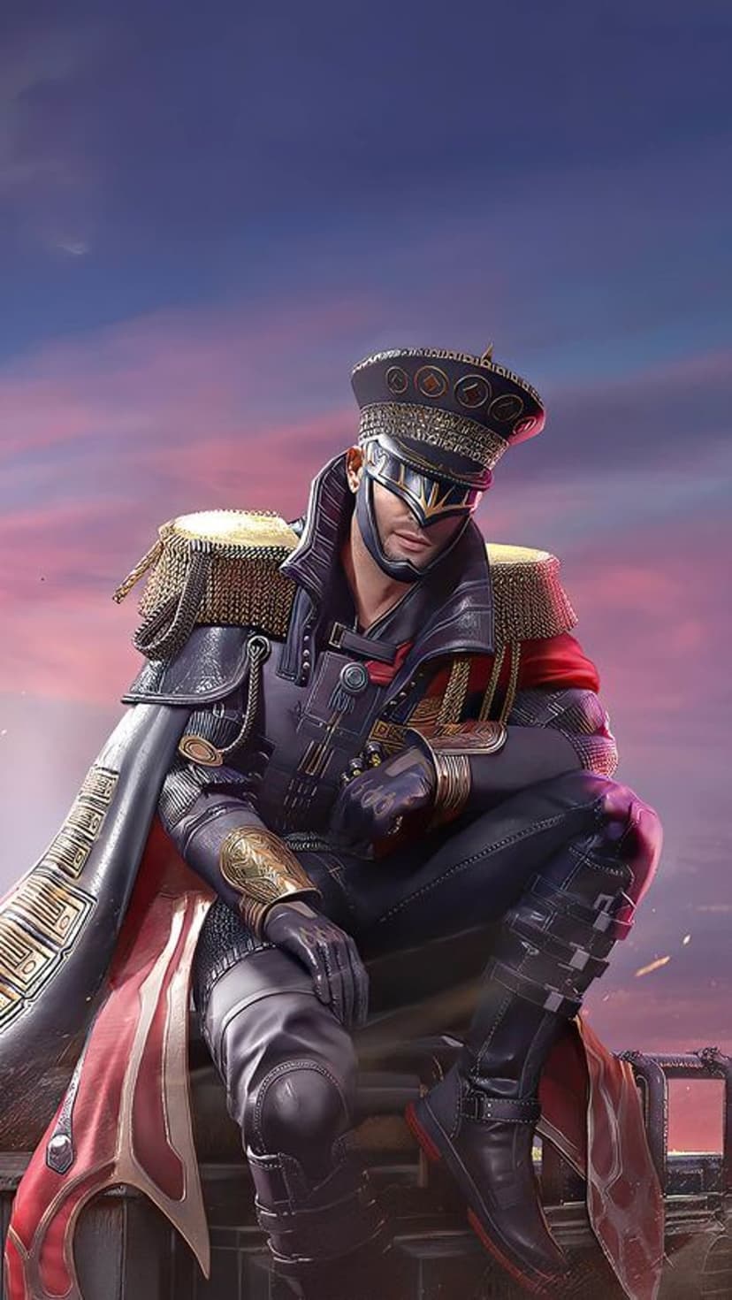 Military commander in gold-trimmed uniform and cape crouches against a purple and pink twilight sunset sky.