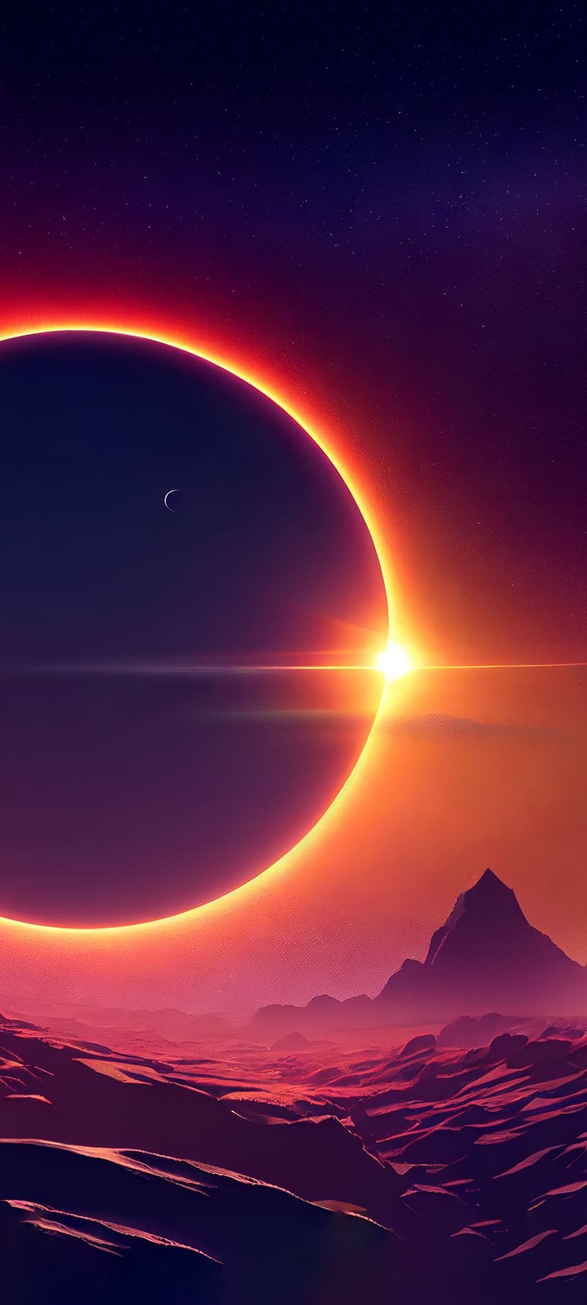 Fiery solar corona encircles a dark planet above jagged red mountains under a dense starry night sky.