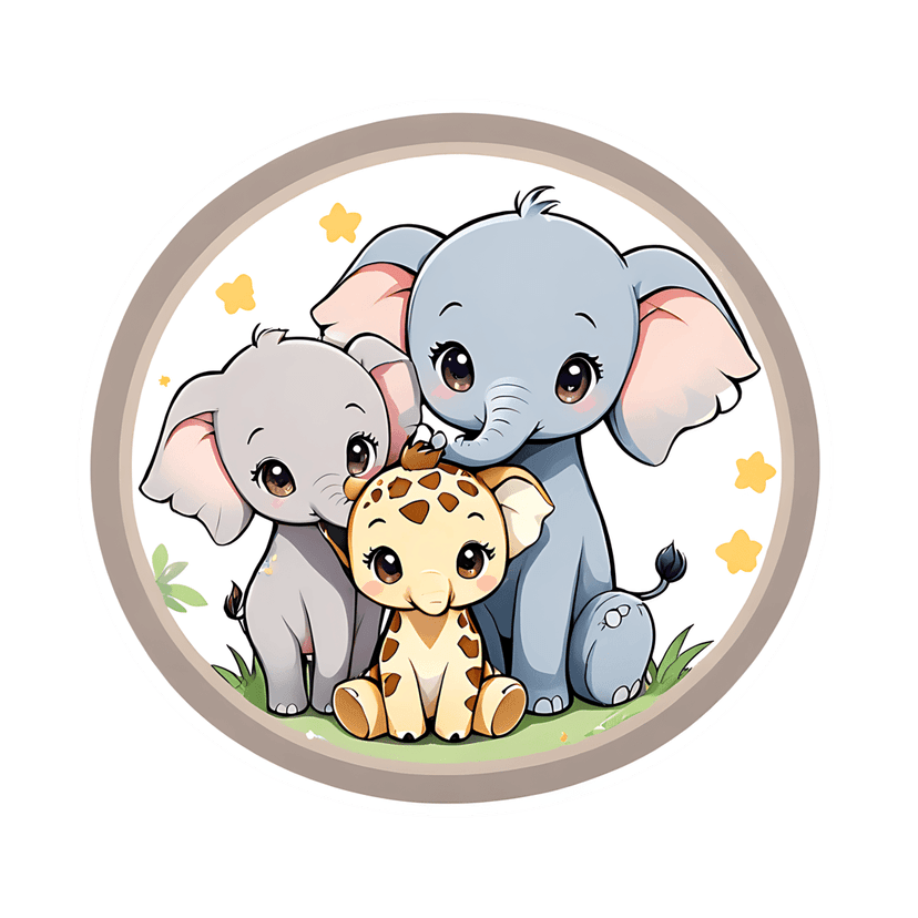 Safari animals including grey elephants and yellow giraffe sit on green grass inside a circular star frame.