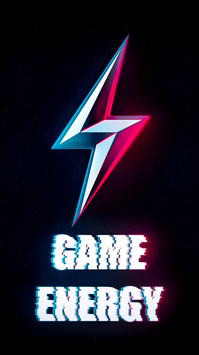 Neon blue lightning bolt above GAME ENERGY text with a pink glitch effect against a dark starry background.