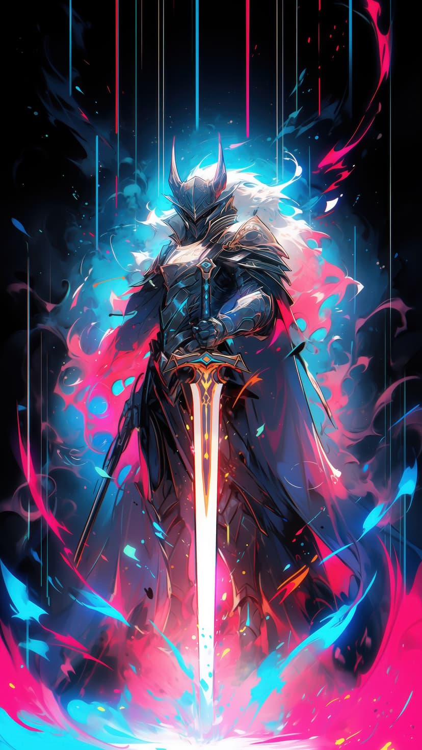 Cybernetic knight in dark armor holding a glowing pink sword amidst streaks of electric blue and magenta light.