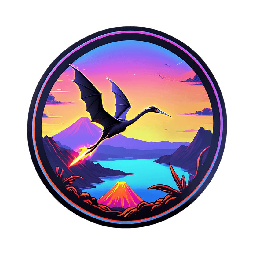 Black pterodactyl sticker vector with iridescent edges flying over a volcano within a neon synthwave circle.