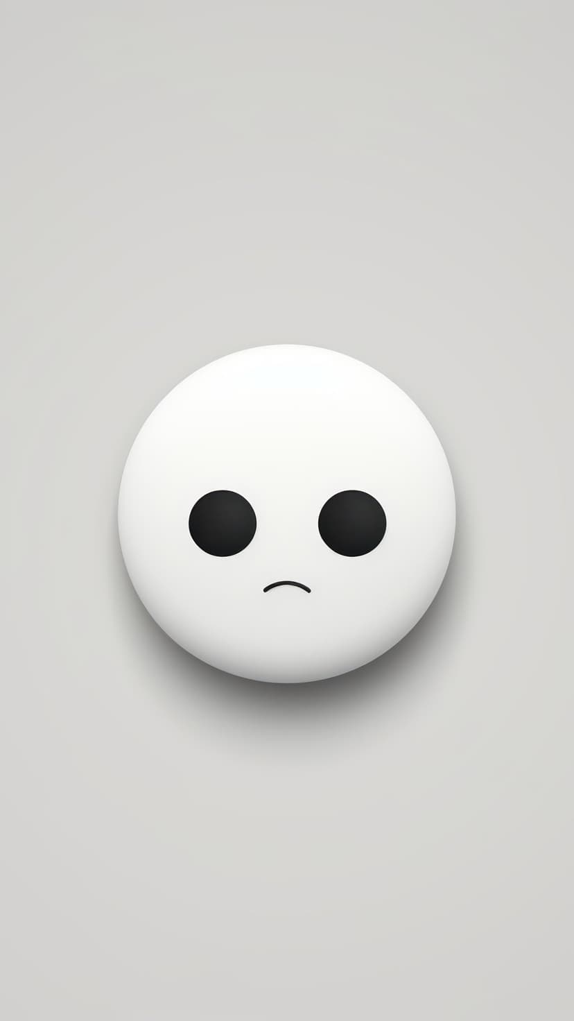 Sad white emoji with black eyes and a downturned mouth centered on a plain light grey background for mobile.