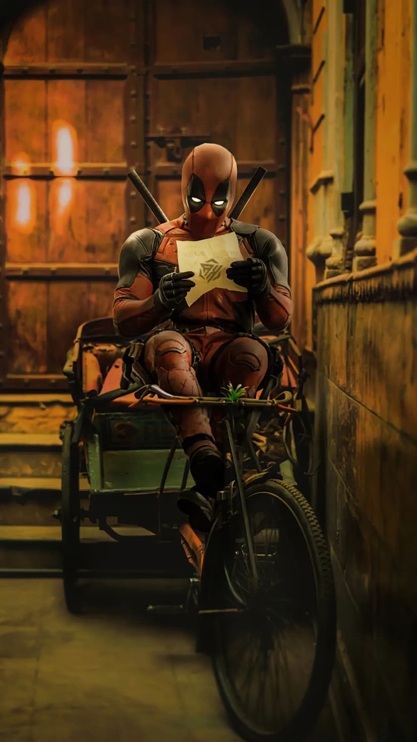 Deadpool sits on a wooden rickshaw reading a white paper against a backdrop of rustic doors and textured walls.