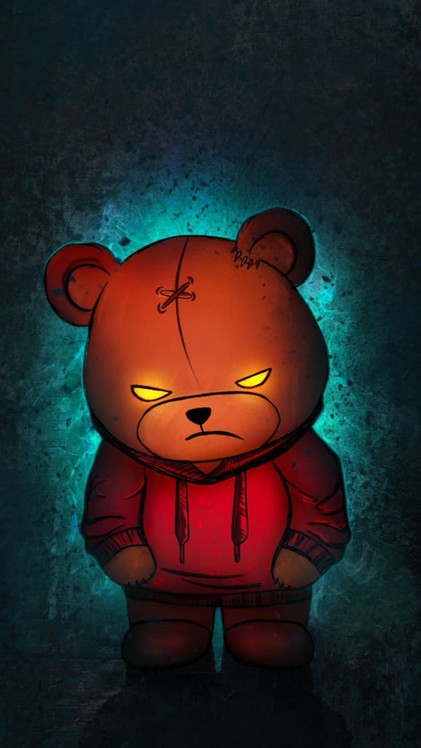 Stitched orange teddy bear in a red hoodie with glowing yellow eyes stands against a dark teal aura background.