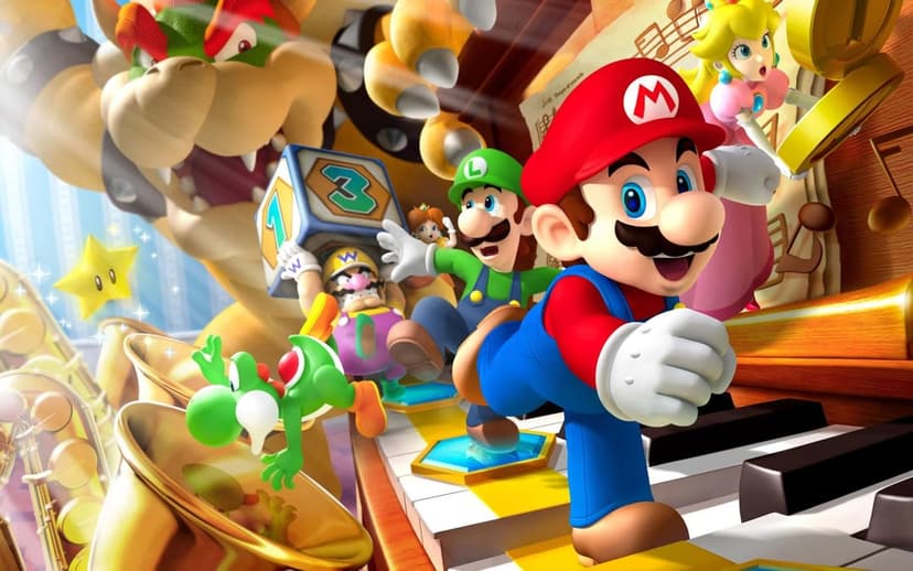 Mario leads Luigi and Yoshi across giant piano keys in a colorful musical world with Bowser behind.