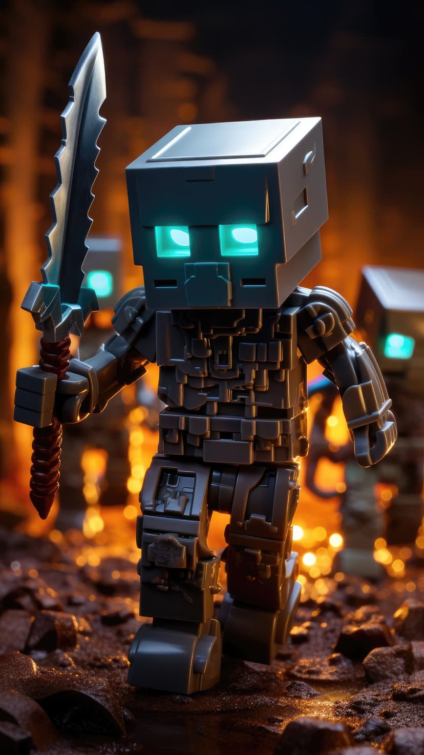 Voxel robot soldier with glowing cyan eyes holding a serrated sword against a blurred orange industrial backdrop.