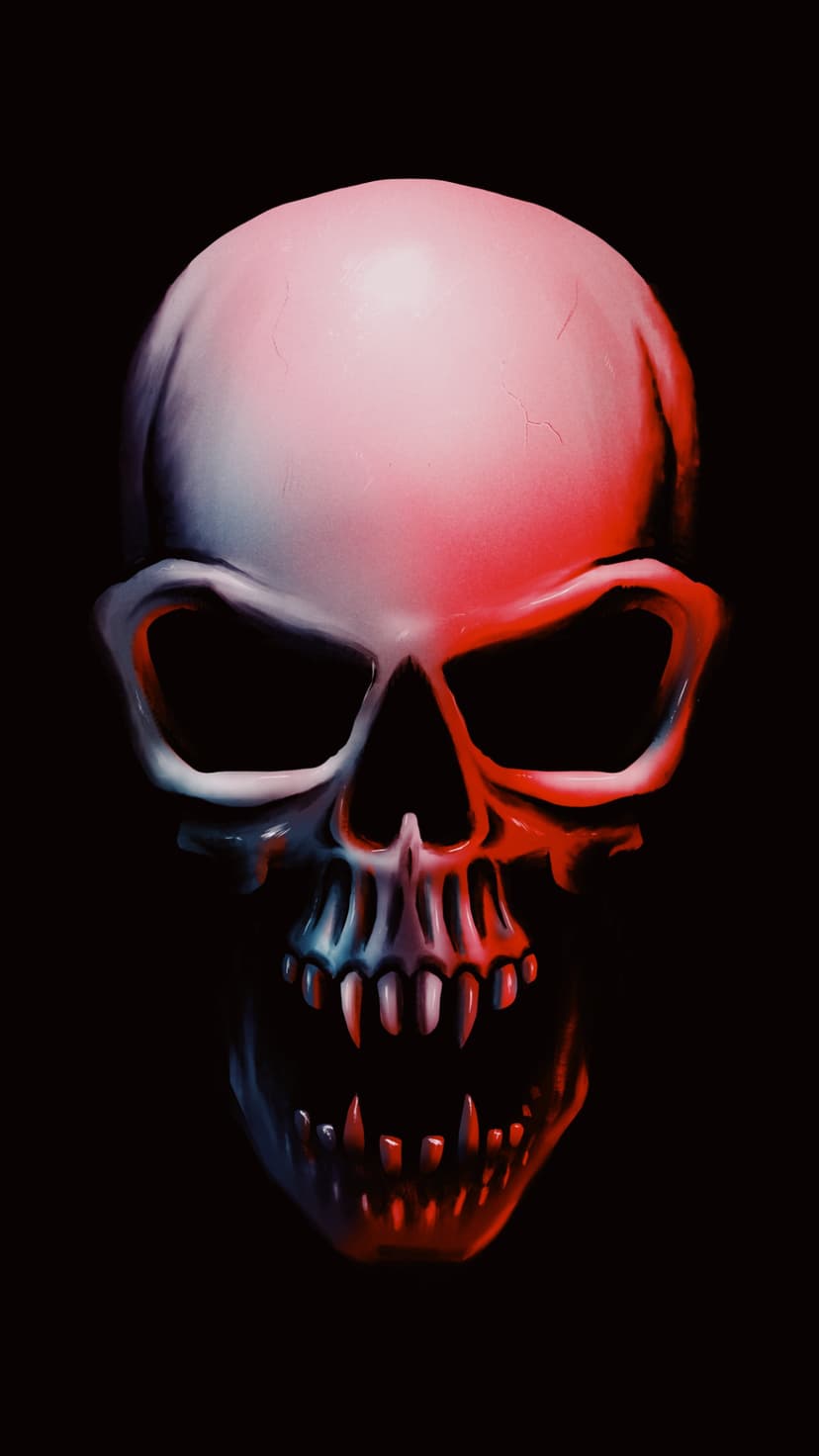 Human skull with a sharp-toothed grin glows under split red and blue lighting against a solid black background.