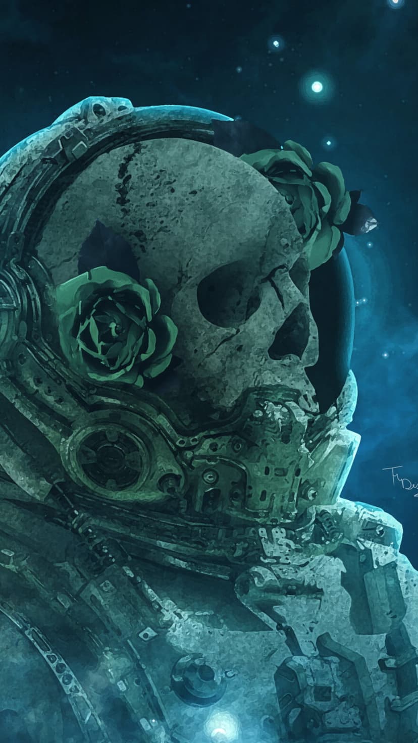 Skeletal head in a glass space helmet with dark green roses against a blue nebula and distant stars.