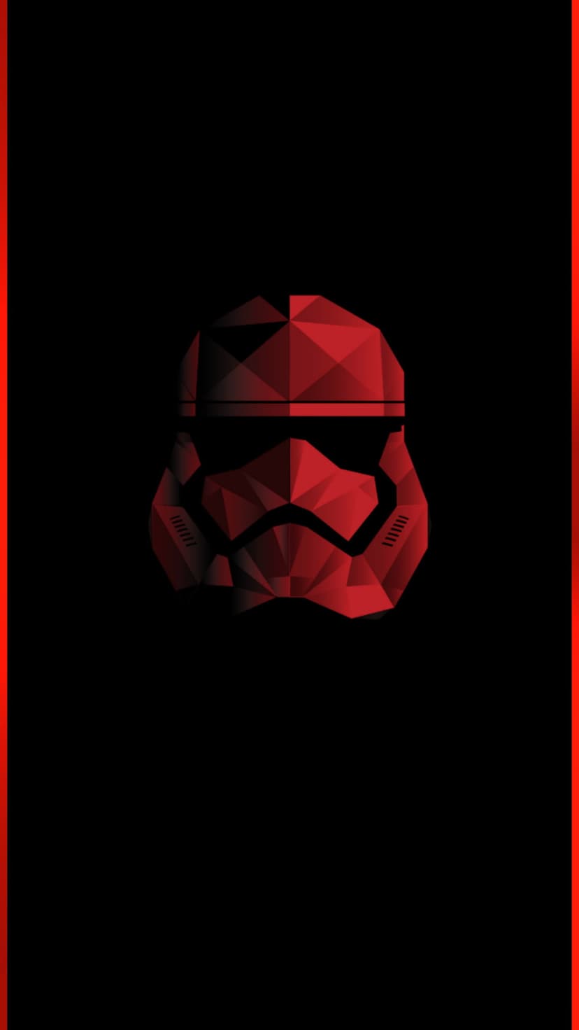 Stormtrooper helmet composed of red geometric triangles and sharp facets centered on a solid black background.
