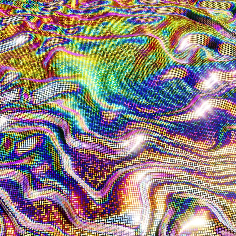 Luminous iridescent waves with a dotted texture flow vertically in a vibrant spectrum of holographic colors.