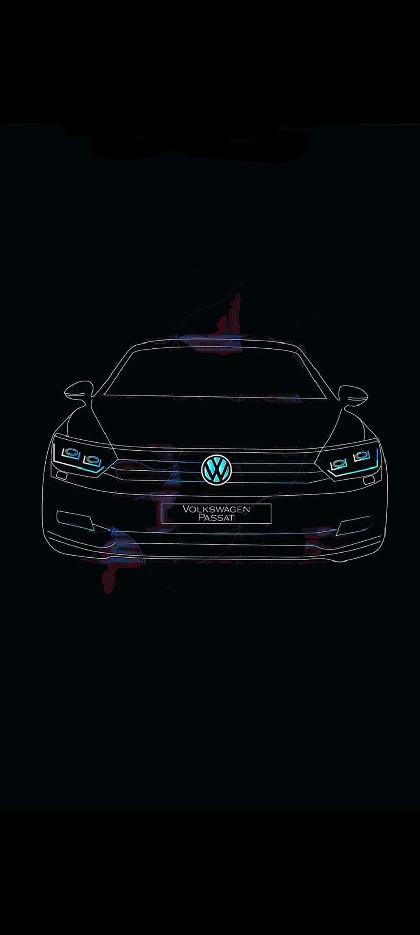 Volkswagen Passat glowing with neon blue and pink outlines against a solid black background in a minimalist style.