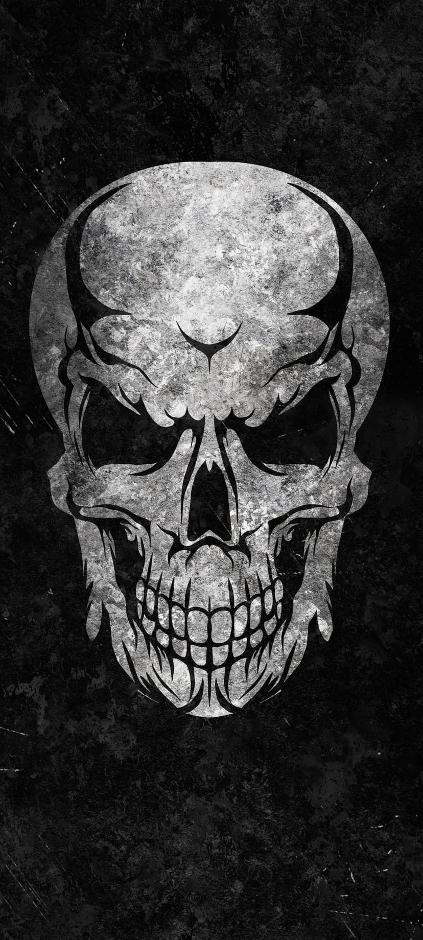 Human skull with visible cracks and heavy shadows set against a grainy, black and white textured background.