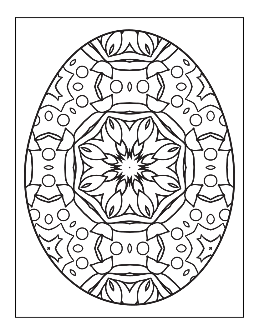 Egg mandala line art features symmetrical floral patterns and circular geometric shapes in high-contrast black and white.