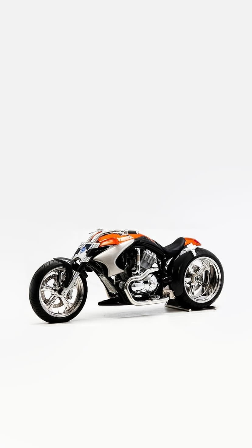 Orange and silver custom motorcycle with chrome wheels and a low-profile seat on a solid white background.