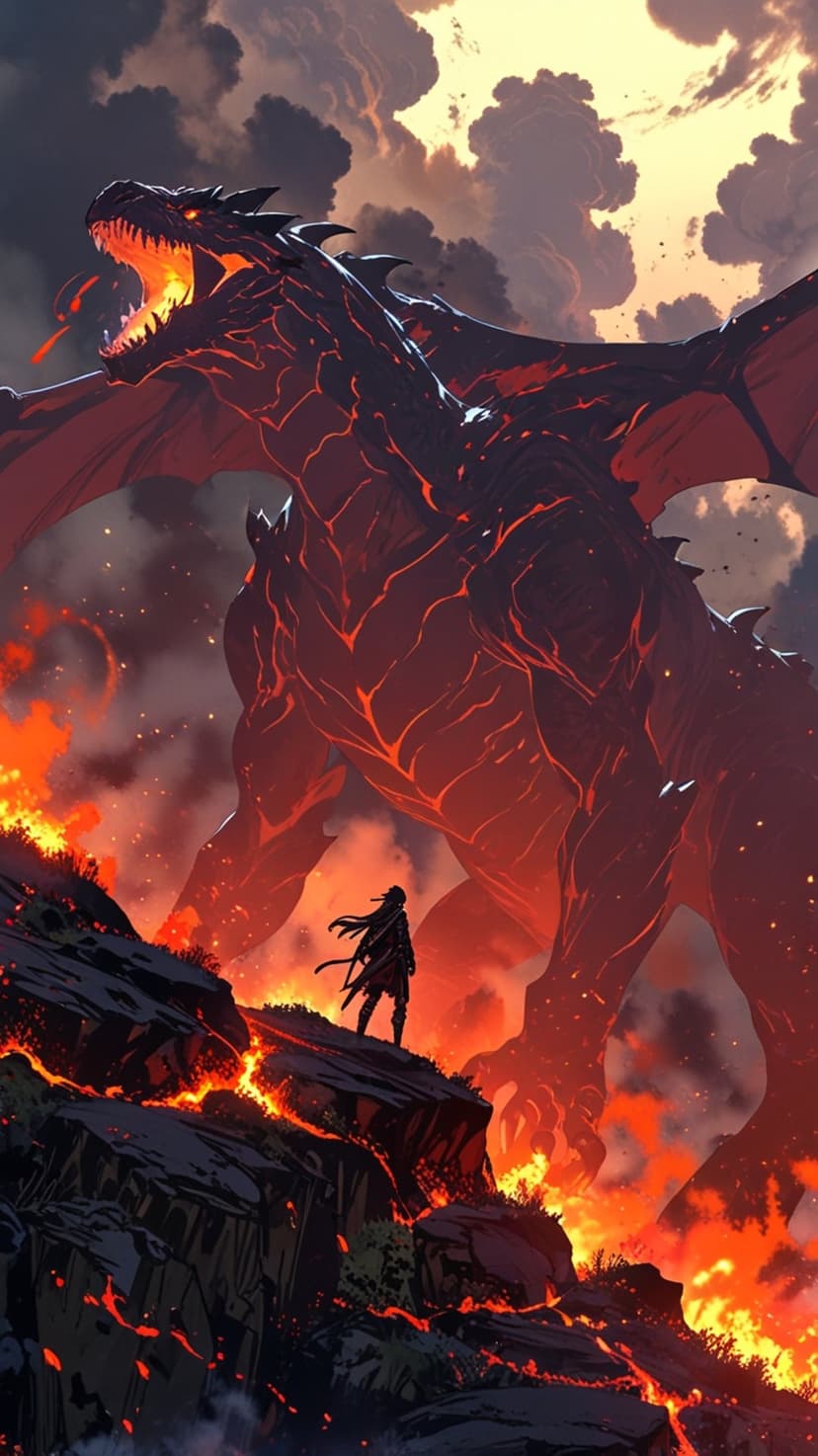 Massive fire dragon breathing embers towers over a knight on a rocky cliff against a dark volcanic sky.