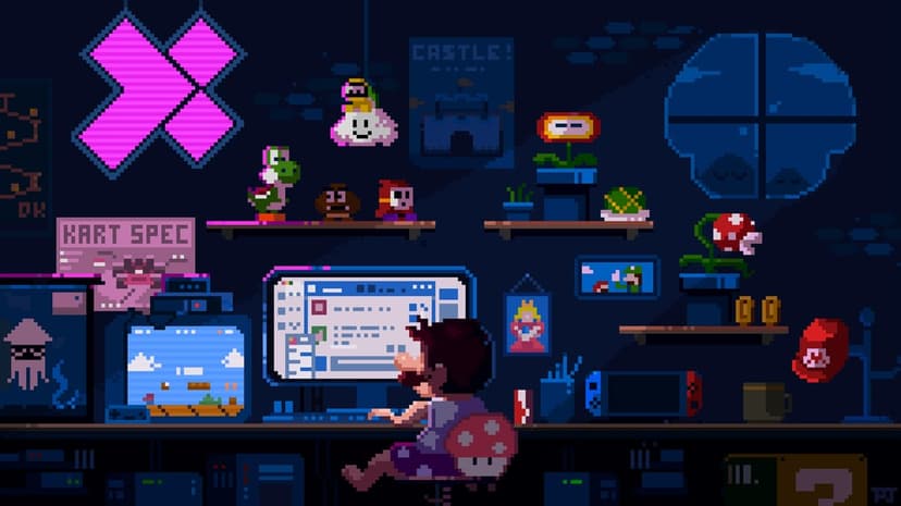 Mario-like character at a pixel art gaming desk with glowing monitors, neon signs, and Nintendo collectibles.