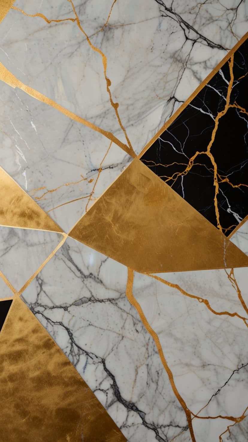 Black and white marble triangles separated by thin gold lines create a textured abstract geometric pattern.
