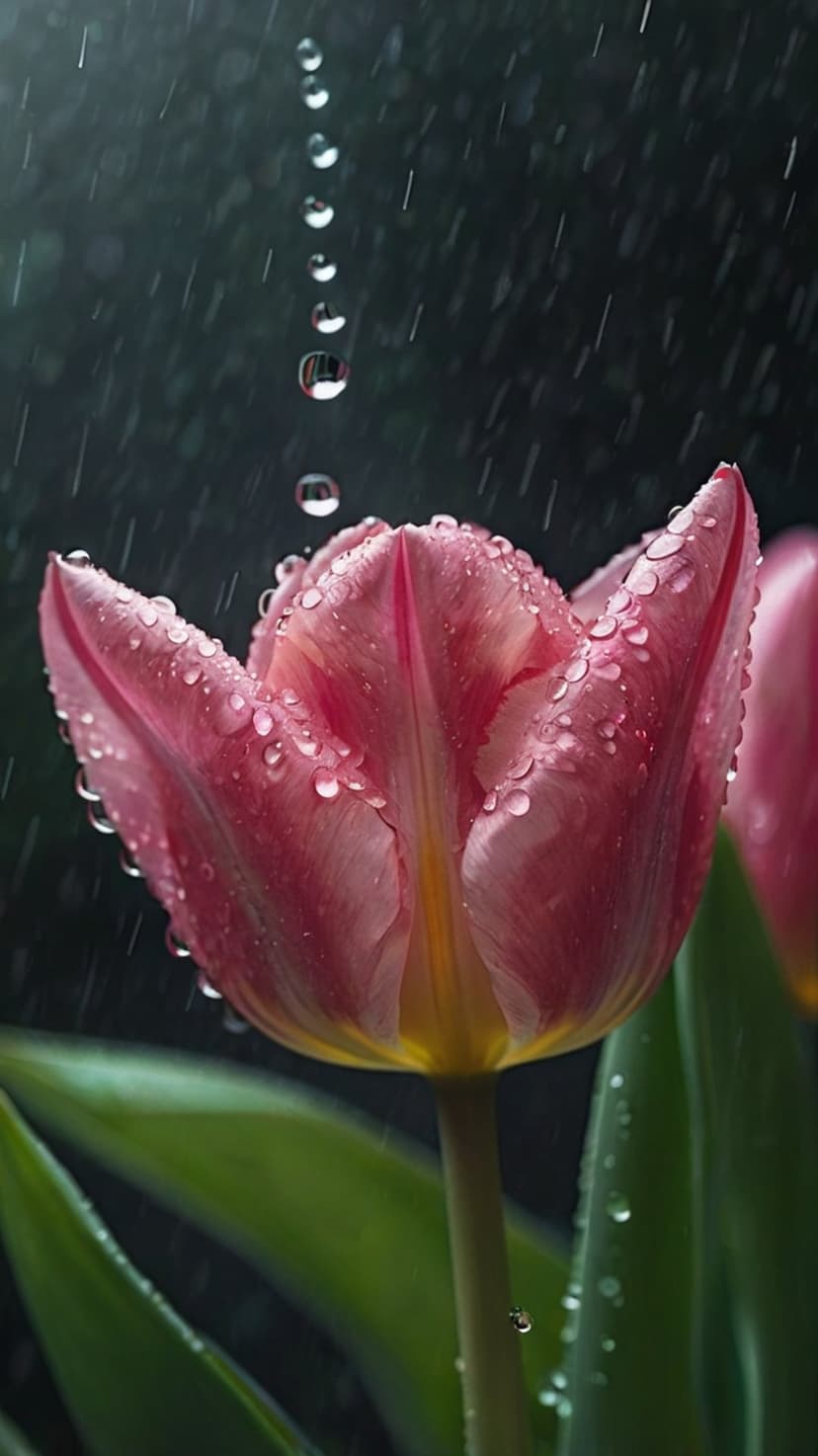 Pink tulip petals covered in glistening water droplets against a dark, blurred background during a light rain.