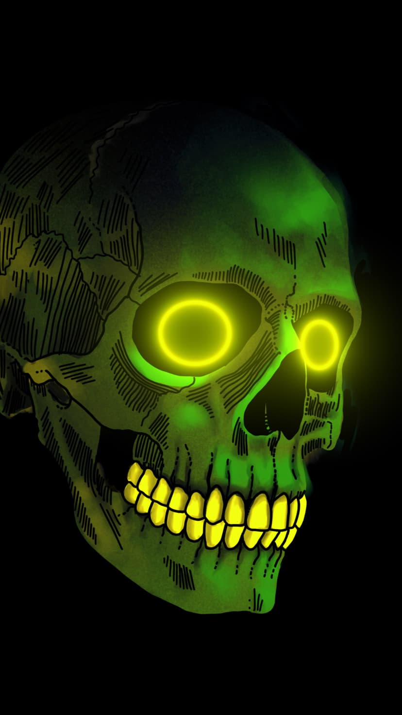 Glowing green skull with radiant yellow eyes and teeth set against a dark background for mobile screens.