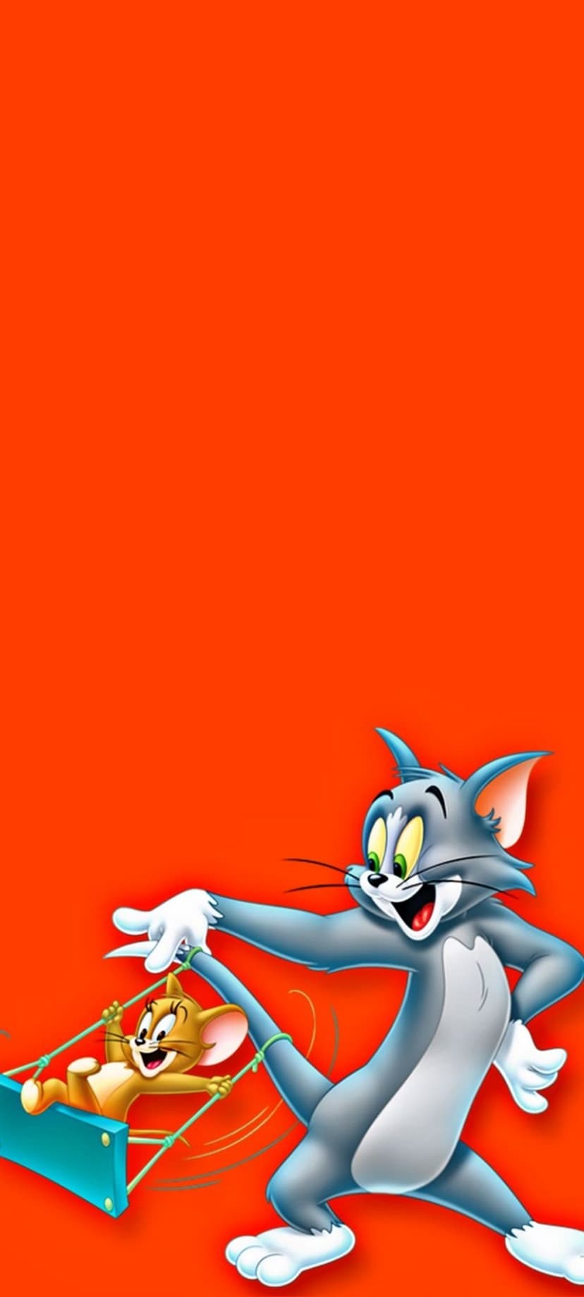 Tom the cat smiles while pushing Jerry the mouse on a teal swing against a vibrant orange background.