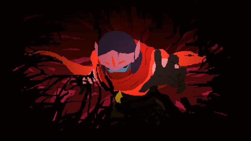 Pixel art character with a red scarf reaching forward amidst dark thorns against a glowing red background.