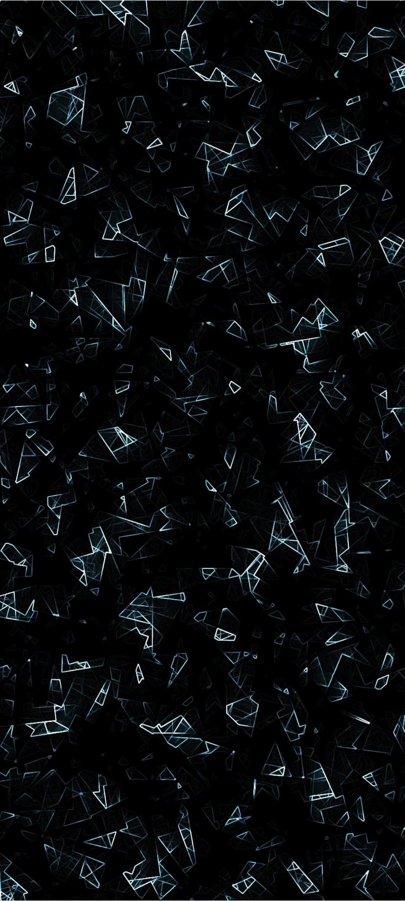 Sharp black glass fragments with glowing blue edges scatter across a dark void in a vertical composition.