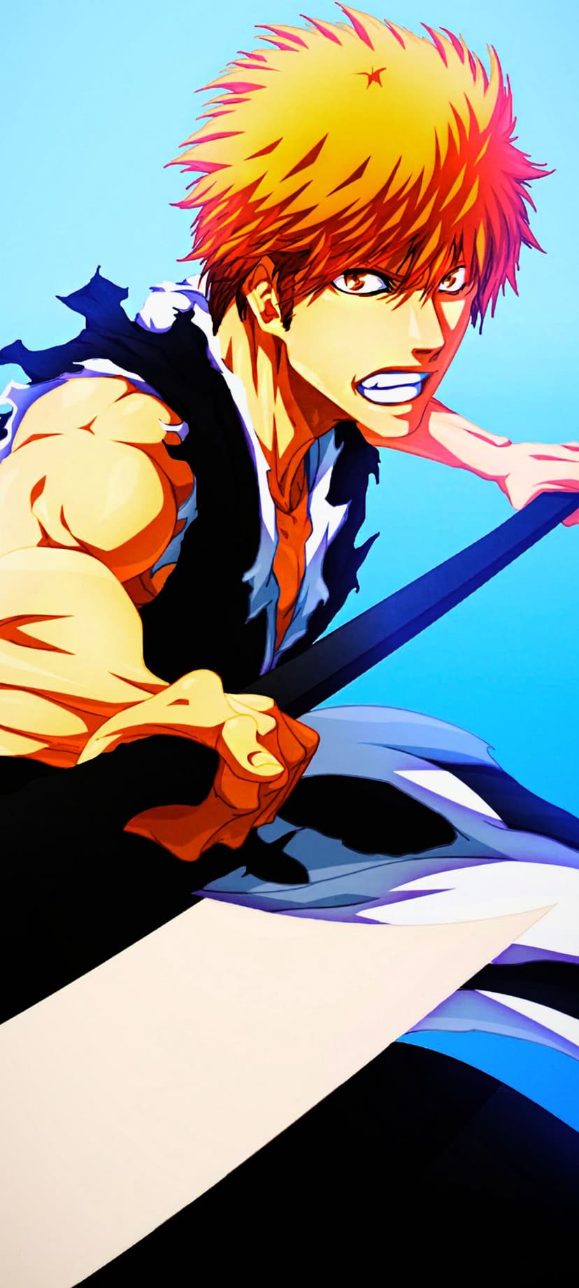 Spiky orange haired warrior holds a massive dark sword against a blue gradient with a tensed muscular arm.