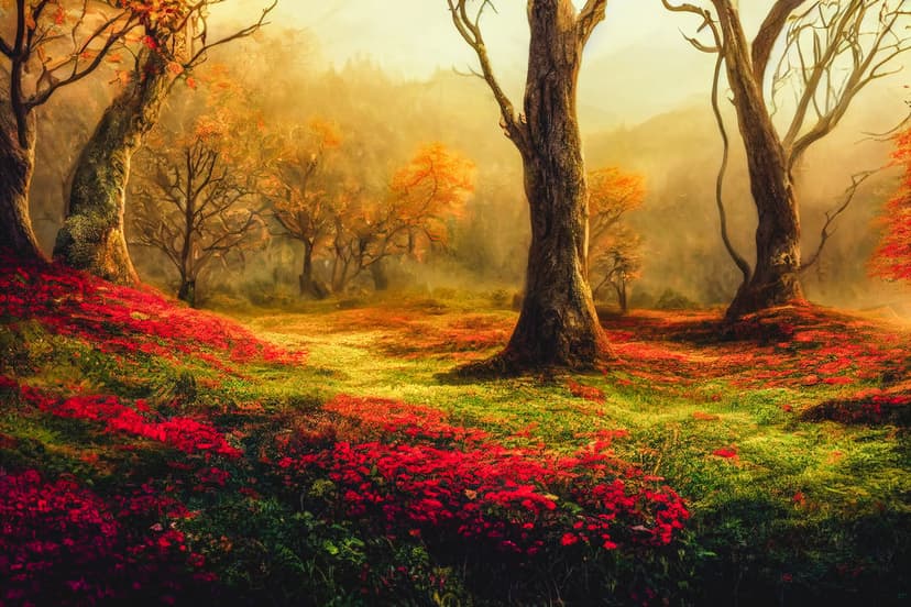 Scarlet blossoms carpet a woodland path leading through gnarled bare trees under a glowing, misty golden sky.