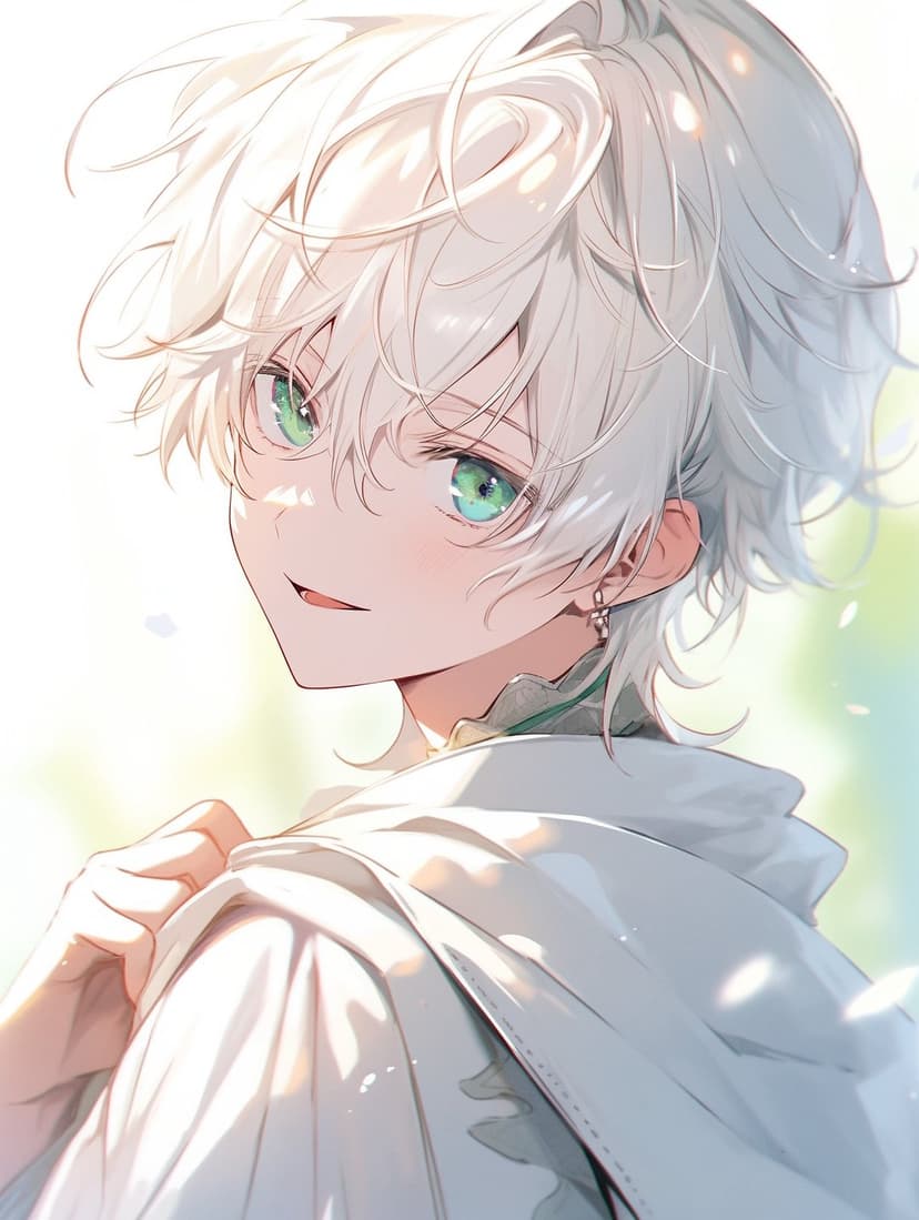 White-haired boy with green eyes looks over his shoulder wearing a white hooded cloak in soft light.