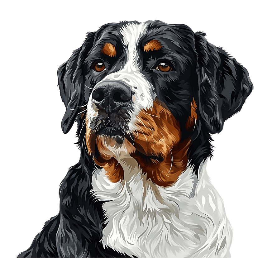 Bernese Mountain Dog portrait showing detailed black, white, and rust fur texture in a front-facing headshot.
