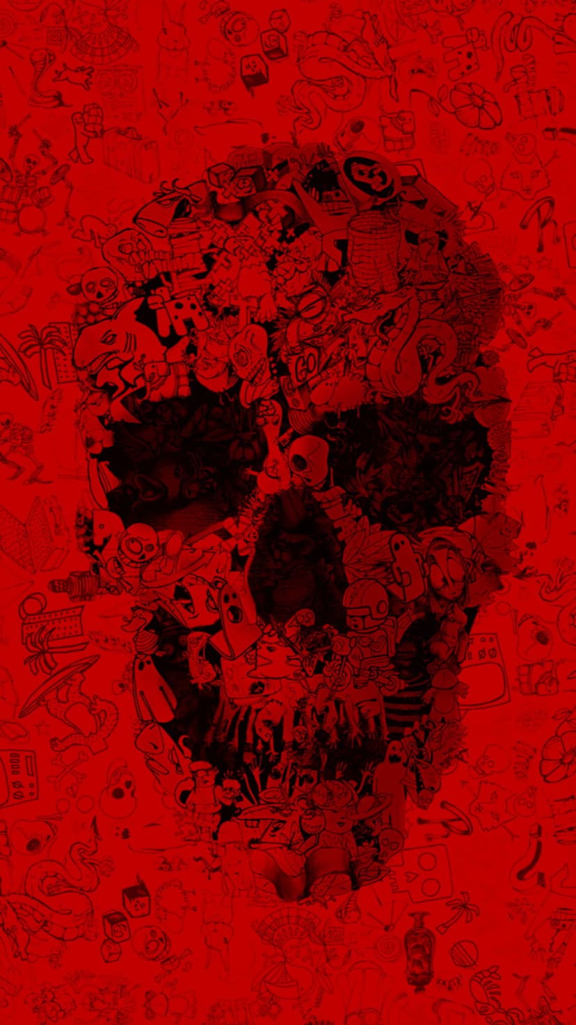 Skull silhouette made of tiny black and white sketches on a vibrant red backdrop for portrait orientation.