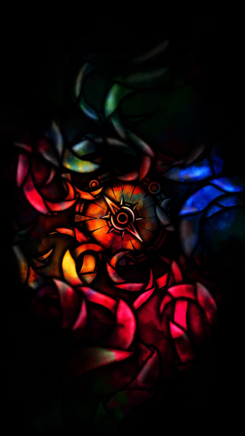 Stylized neon compass glowing with amber light amidst swirling patterns of red, blue, and green on a black background.