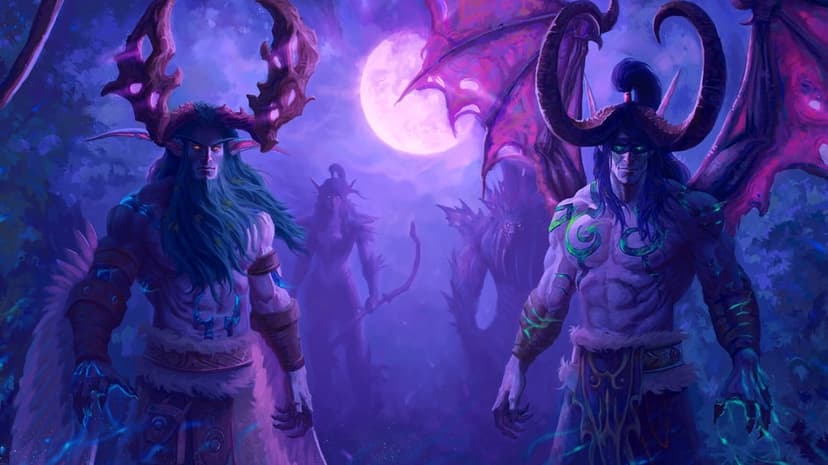 Twin brothers with massive horns and wings stand before a full moon in a glowing purple fantasy forest.