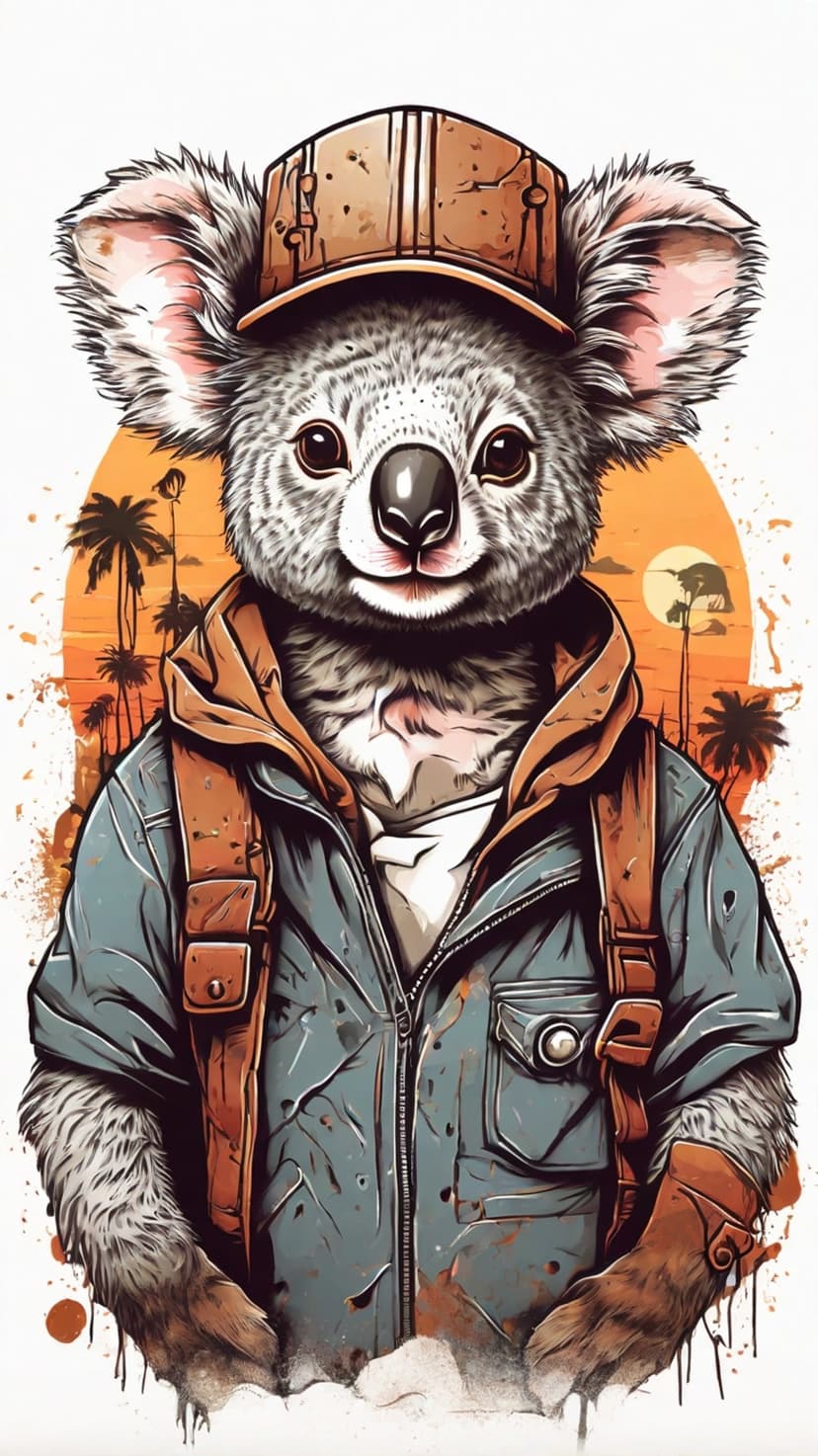 Koala character in a blue hoodie and brown cap stands before a tropical sunset with silhouetted palm trees.