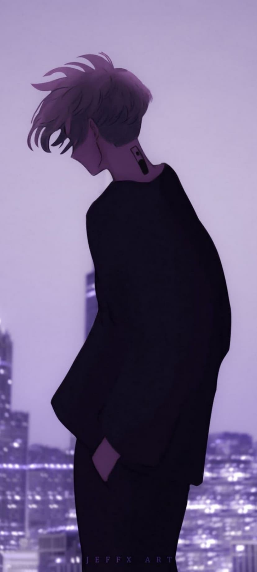 Young man with spiky hair and a neck tattoo stands in profile against a blurred purple neon city background.