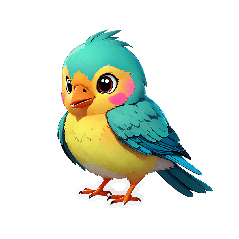Teal yellow bird sticker illustration features a glossy cartoon avian character standing with blue wings.