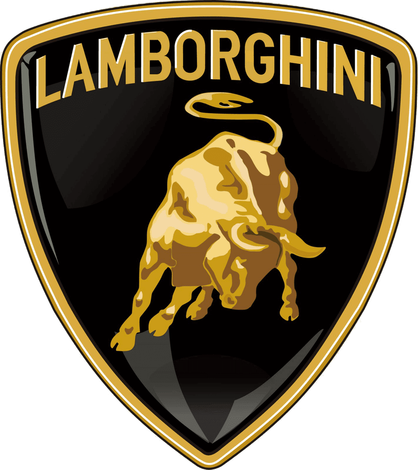 Lamborghini bull logo emblem featuring a metallic golden charging bull inside a black and gold shield outline.