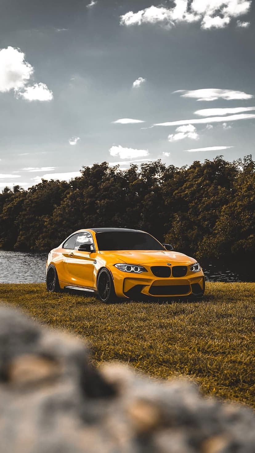 Yellow BMW M2 coupe parked on green grass by a lake with a background of dense trees and fluffy clouds.